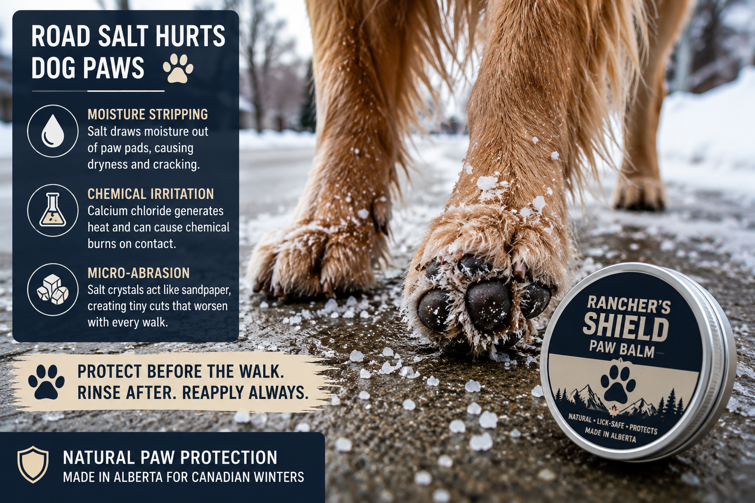 Dog paw covered with road salt crystals on a snowy sidewalk beside natural Rancher's Shield Paw Balm for winter paw protection in Canada.