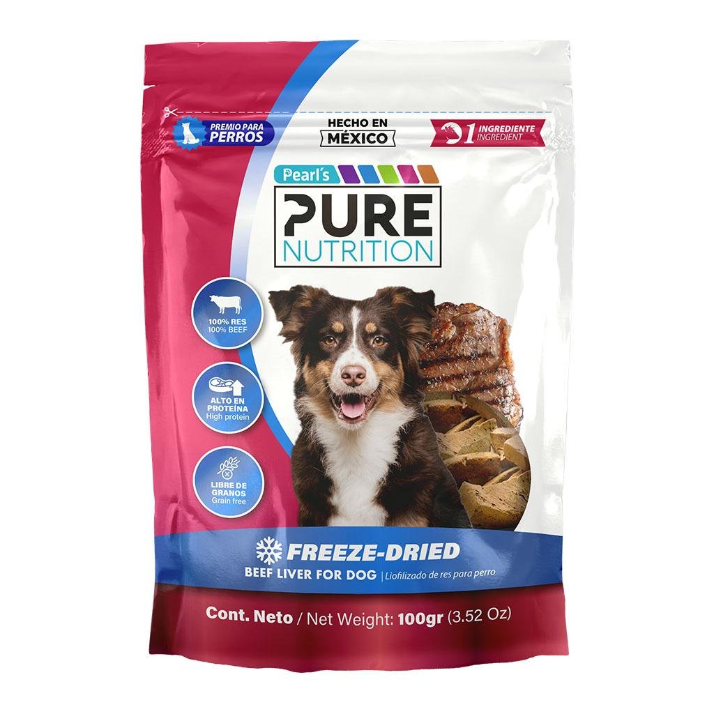 Freeze-dried dog treats made in Canada from Alberta-sourced liver using a low-temperature freeze-drying process for natural nutrition.