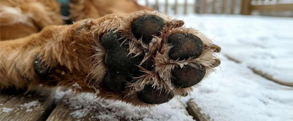 Dog paw protected with natural paw balm while walking on snowy Canadian sidewalk with road salt.