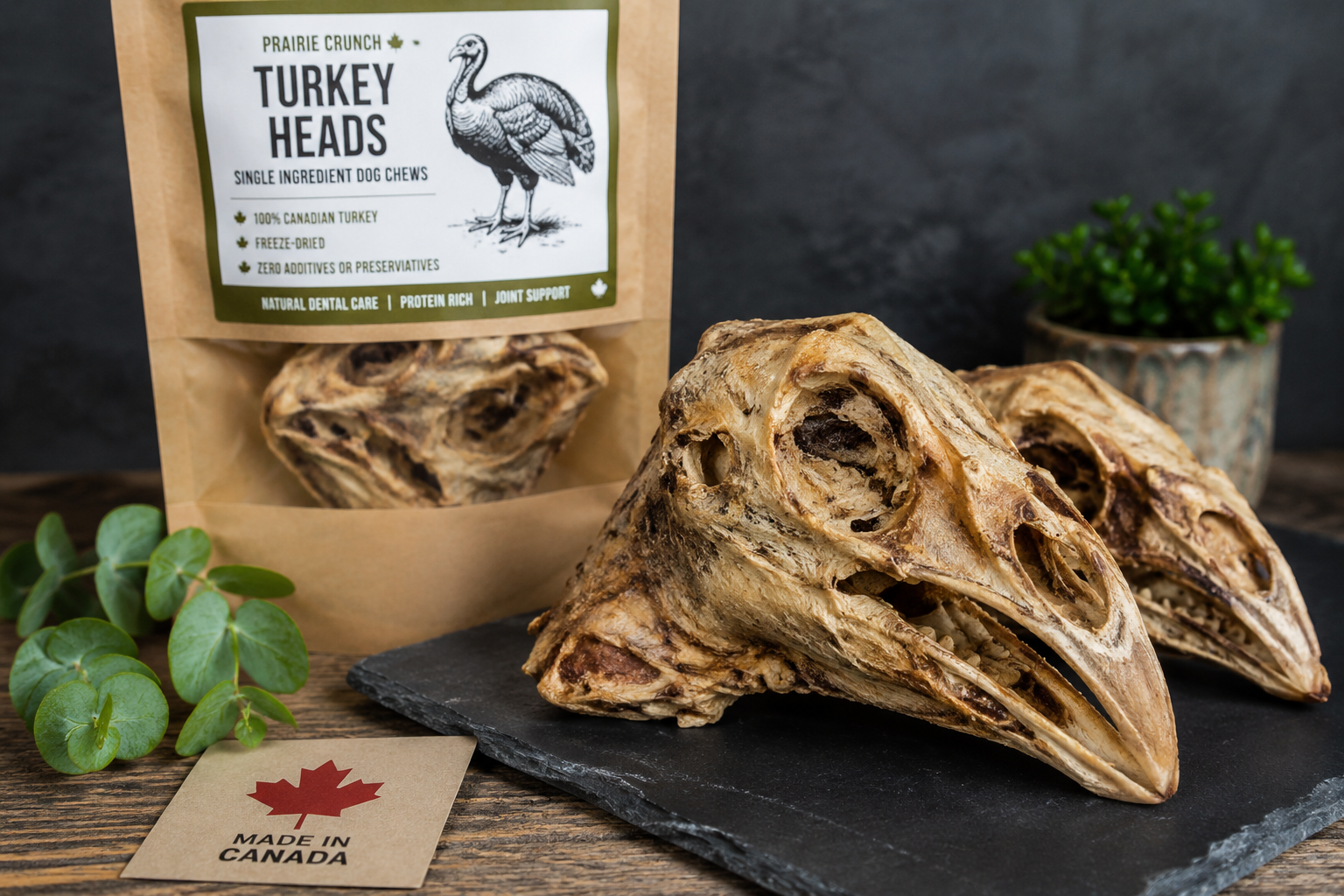Freeze-dried turkey head dog chew made from 100% Canadian turkey for natural dental care and whole-food nutrition.